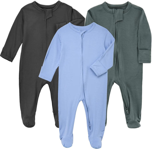 Aablexema Baby Zipper Pajamas Bamboo Rayon, 3pcs Unisex Infant Onesie with Mitten Long Sleeve Footed Pjs