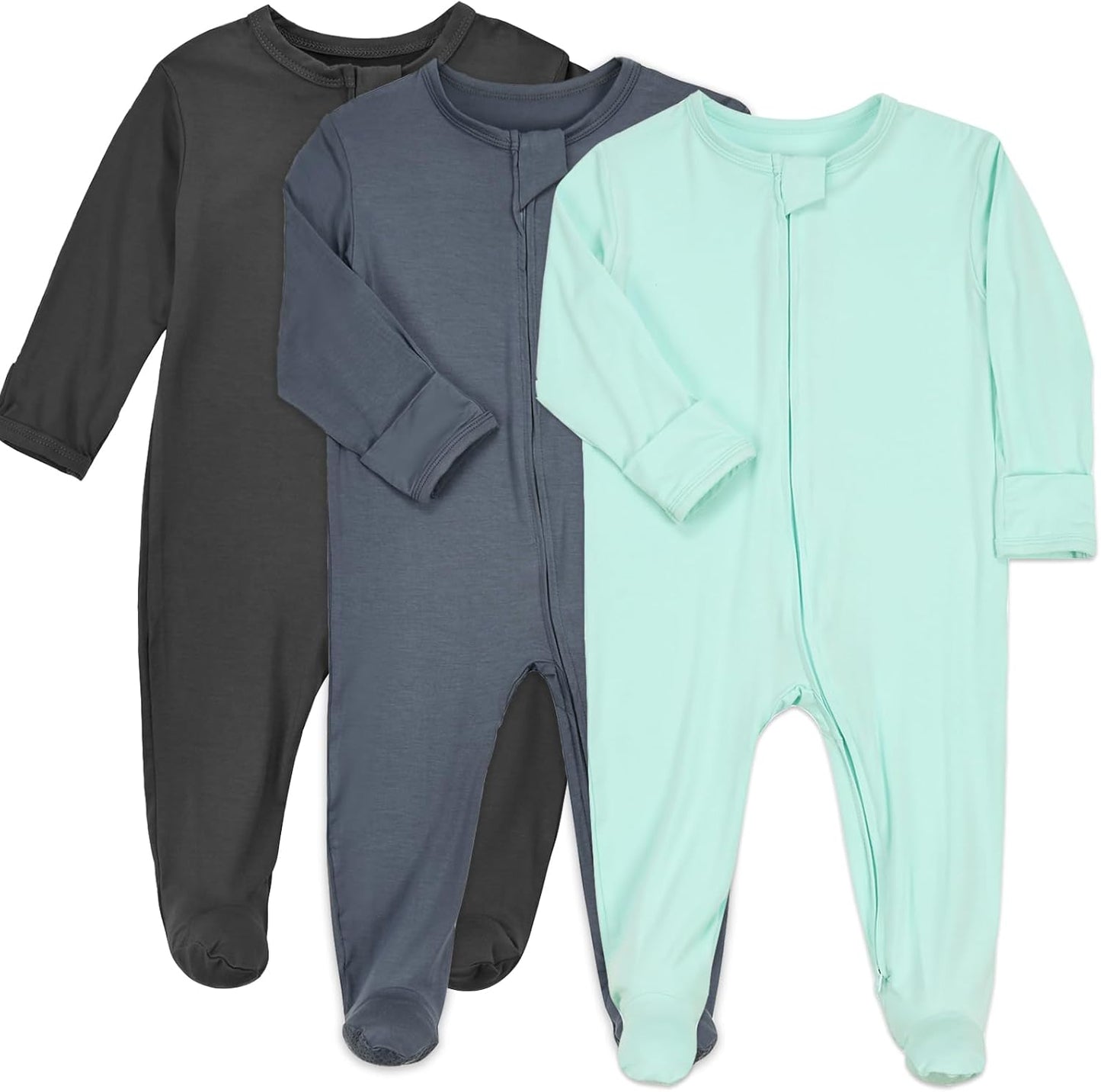 Aablexema Baby Zipper Pajamas Bamboo Rayon, 3pcs Unisex Infant Onesie with Mitten Long Sleeve Footed Pjs