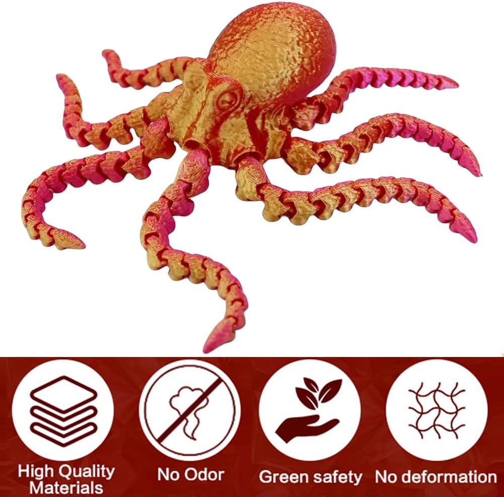 3D Printed Octopus Animals Toy Articulated Octopus Fidget Toy 3D Printed Gift Creative Ornament Articulated Octopus Toys Home Decor(Laser Red Gold)