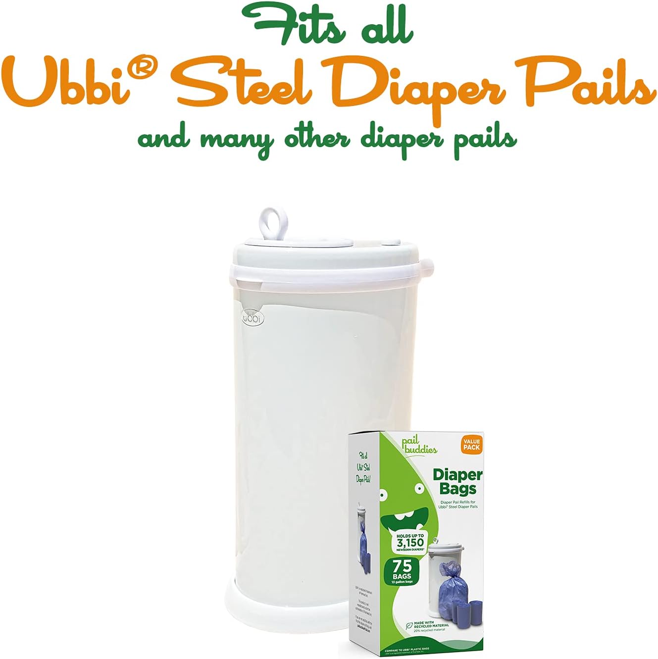 Pail Buddies Diaper Bags, 75 Count, Fresh Powder Scent, Compatible with Ubbi Diaper Pail, Made with Recycled Material, 13 Gallon Capacity, Strong and Durable