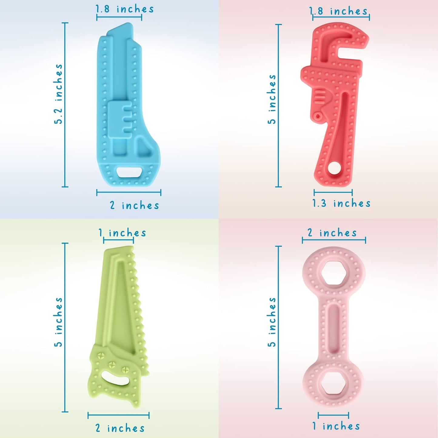 Fu Store 4 Pack Soft Silicone Teething Toys for 0-12Months 6-24 Months Toddlers Infant Hammer Tools Shape Baby Teethers Relief Soothe Babies Gums Set