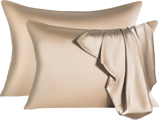 2 Pcs Mulberry Silk Pillowcase for Hair and Skin,Cooling Silk Pillow Case with Hidden Zipper,Allergen Proof Dual Sides Soft Breathable Smooth Silk Pillow Cover for Women(Standard-2PCS,Champagne)