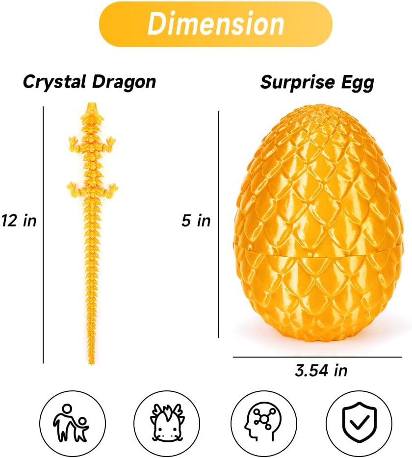 3D Printed Dragon Egg, Mystery Crystal Dragon Egg Fidget Toys Surprise, Easter Eggs Articulated Crystal Dragon Eggs with Dragon Inside (Silk Gold)
