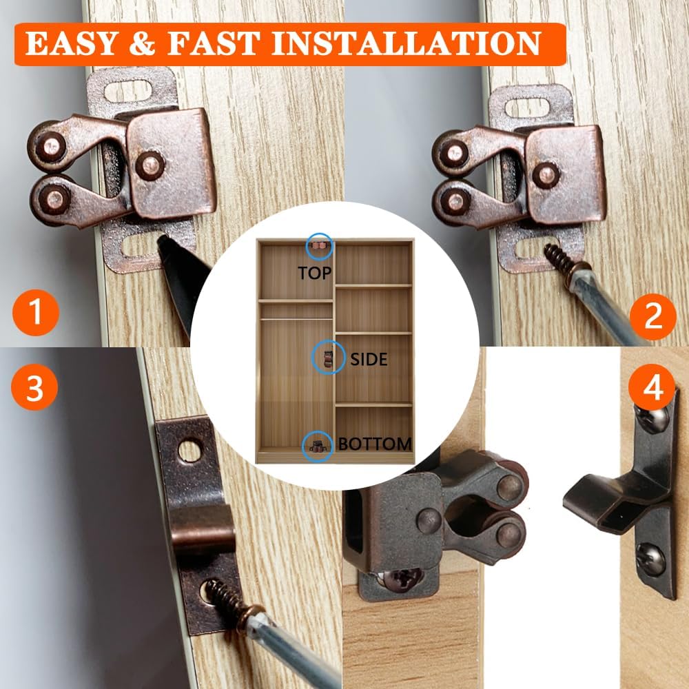 8 Pack Cabinet Latch Double Roller Catch for Cupboard Closet Cabinet Door Latches and Catches, Bronze