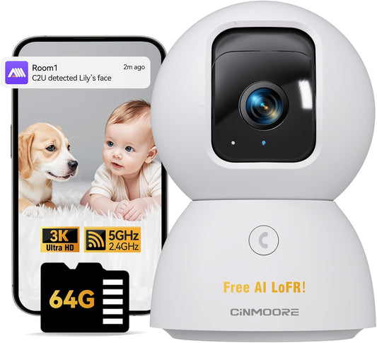 3K Pet/Dog Camera Indoor w/Phone App, No Monthly Fee 64GB Local Storage & AI Tracking Face ID, 2.4/5GHz WiFi Cameras for Home Security Baby Monitor, Pan/Tilt, 2-Way Talk