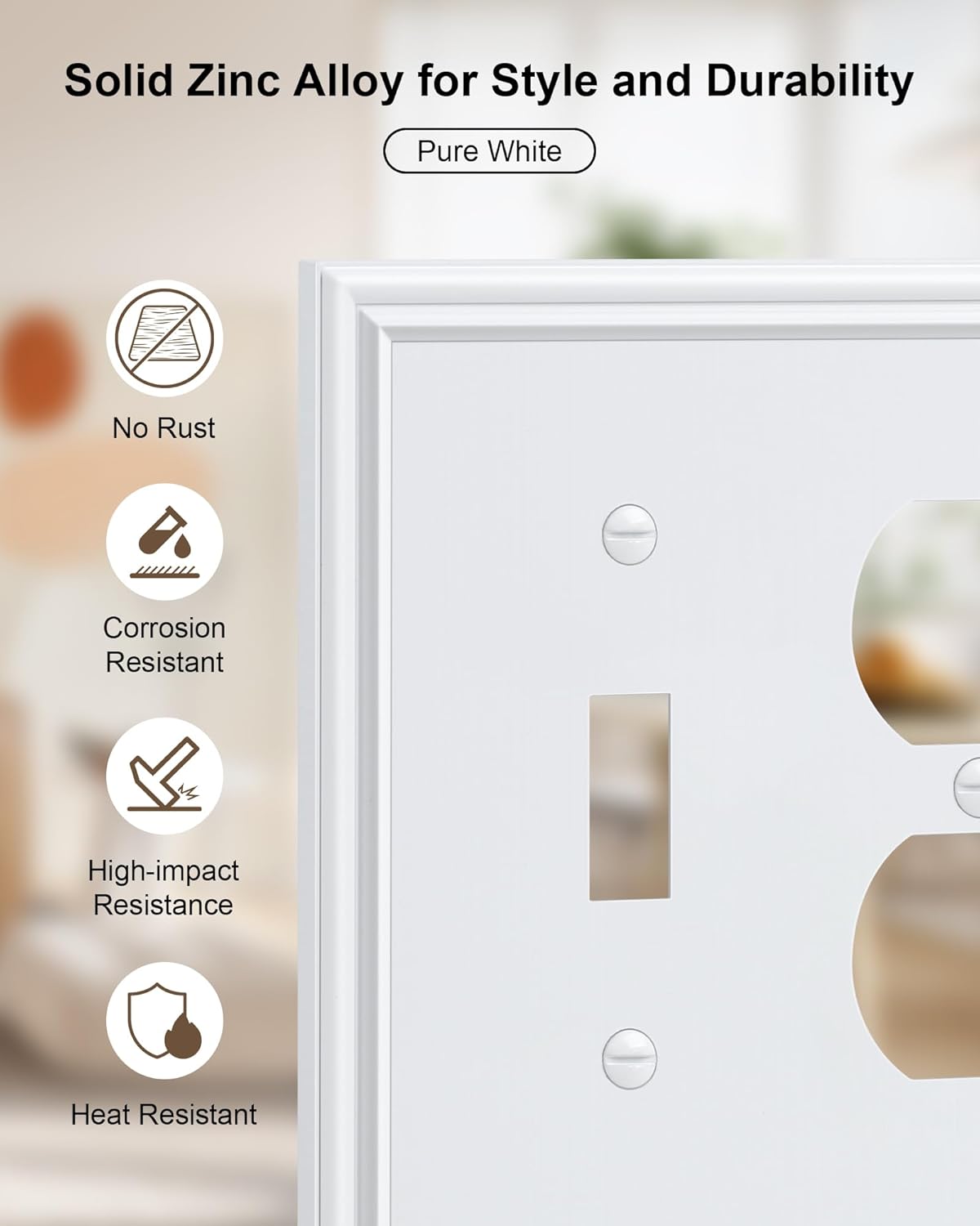 2-Pack Combo Toggle/Duplex Light Switch Cover Plate, Pure White Wall Outlet Cover Plate, Decorative Wall Receptacle Cover for Electrical Outlets, Light Switch, Durable Solid Zinc Alloy