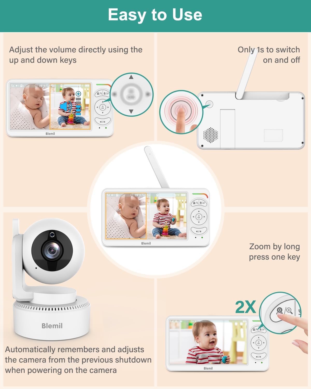 6" Baby Monitor with 2 Cameras 4000mAh Battery Upgrade Split Screen Video Baby Monitor No WiFi Remote Pan-Tilt-Zoom Auto-Night Vision 150 Languages ECO Mode 2-Way Talk 1000FT (Ideal Condition)