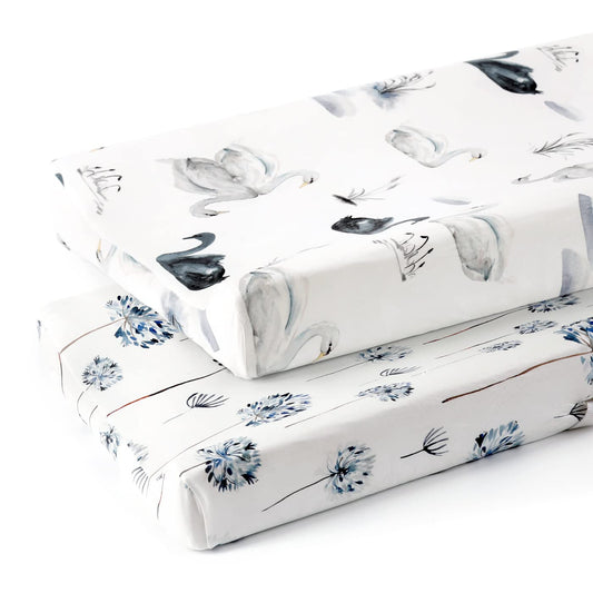 GRSSDER Stretch Ultra Soft Jersey Knit Changing Pad Cover Set 2 Pack, Change Table Pad Covers Fit 32"/34" x 16" Pads Safe and Snug, Pretty Swan/Watercolor Dandelion for Baby