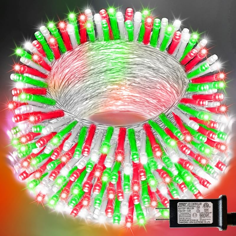 66ft Christmas Decorative Mini Lights, 200 LED Transparent Wire Fairy Starry String Lights Plug in, 16 Lighting Modes for Outdoor Xmas Tree Wedding Party Decoration (Red Green White)