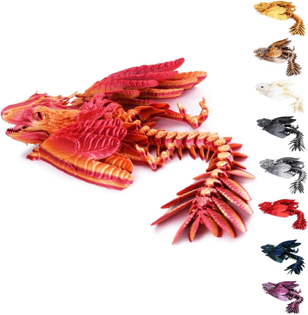 3D Printed Dragon with Wings 3D Printed Animals Articulated Dragon Fidget Dragon 3D Printed Toys Dragon Toy Desk Pets Home Office Decor (Orange)