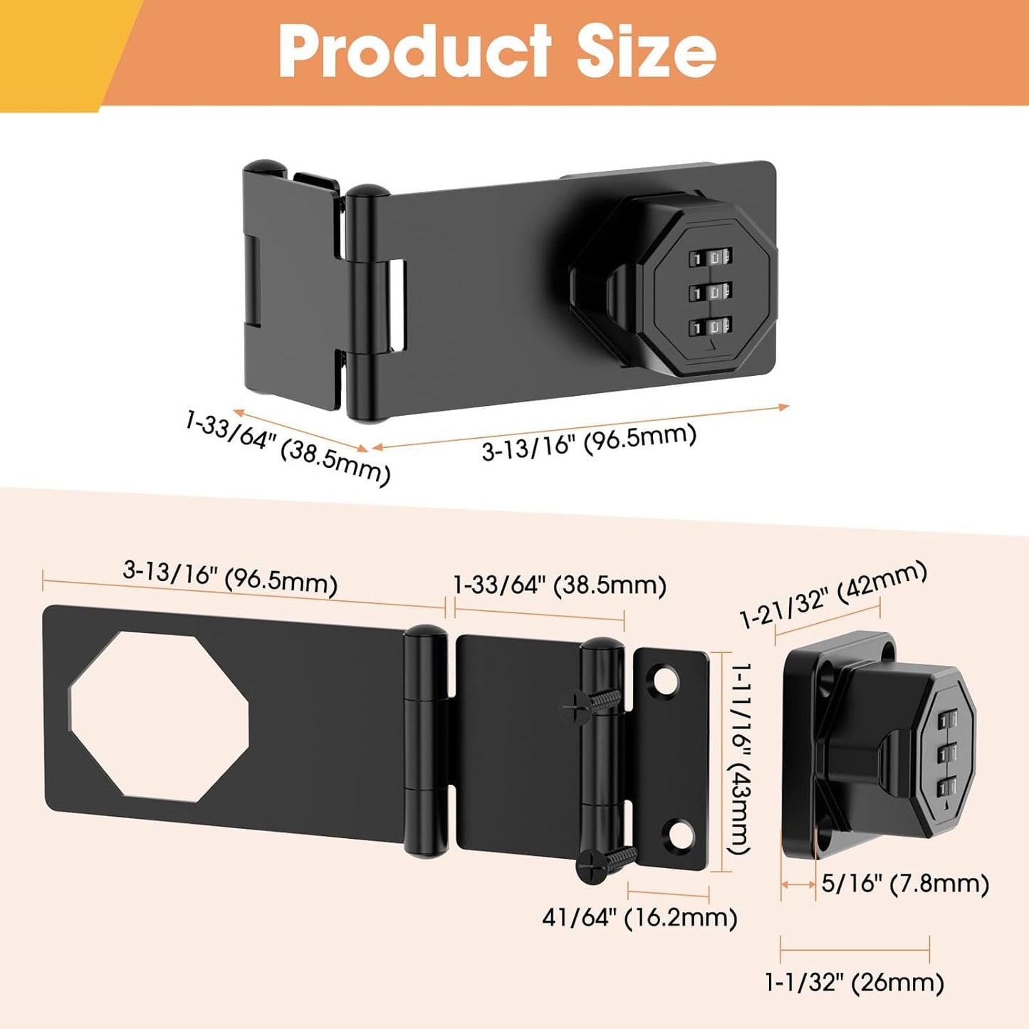 90 Degree Cabinet Locks with Combination, Mechanical Folding Door Latch, Keyless Password Rotary Hasp Latch Lock for Office File Cabinet, Drawers, Locker, Small Door, Cupboard (2, Black)