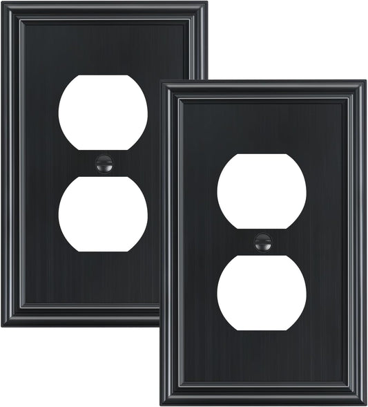 2-Pack Single Duplex Outlet Cover Plate, Decorative Black Switch Plates and Outlet Covers, Metal Wall Plates for Electrical Outlets, 1 Gang Receptacle Cover, Corrosion Resistant