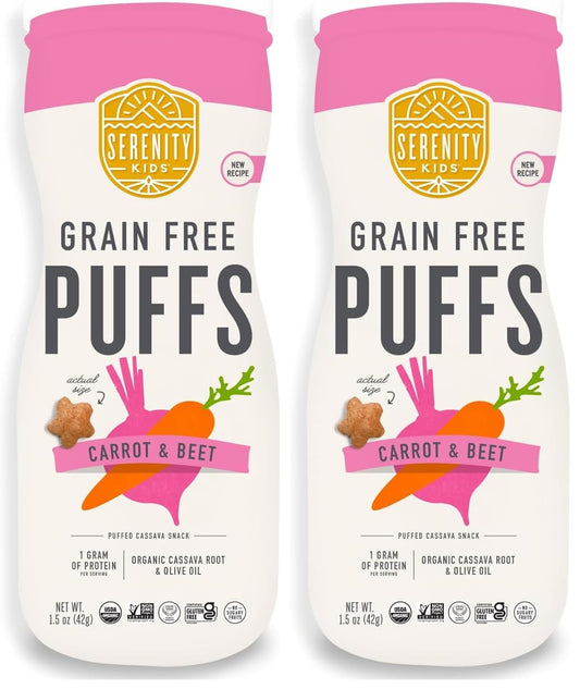 Serenity Kids 6+ Months Grain Free Puffs Toddler & Baby Snack | No Added Sugar, Gluten & Rice Free, Allergen Free | Made with Organic Cassava, Veggies, and Herbs | Carrot & Beet | 1 Count (Pack of 2)