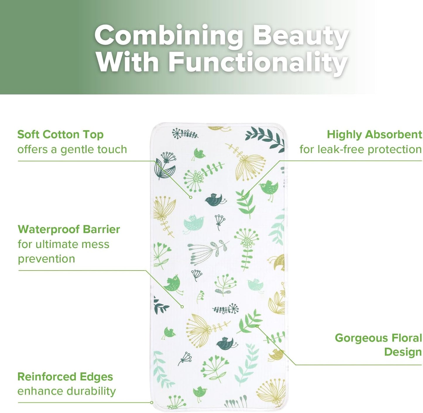 haakaa Waterproof Changing Pad Liners, 100% Cotton, Soft & Breathable (2pcs, 13" x 27.5" Honey Blossom+Spring Breeze)