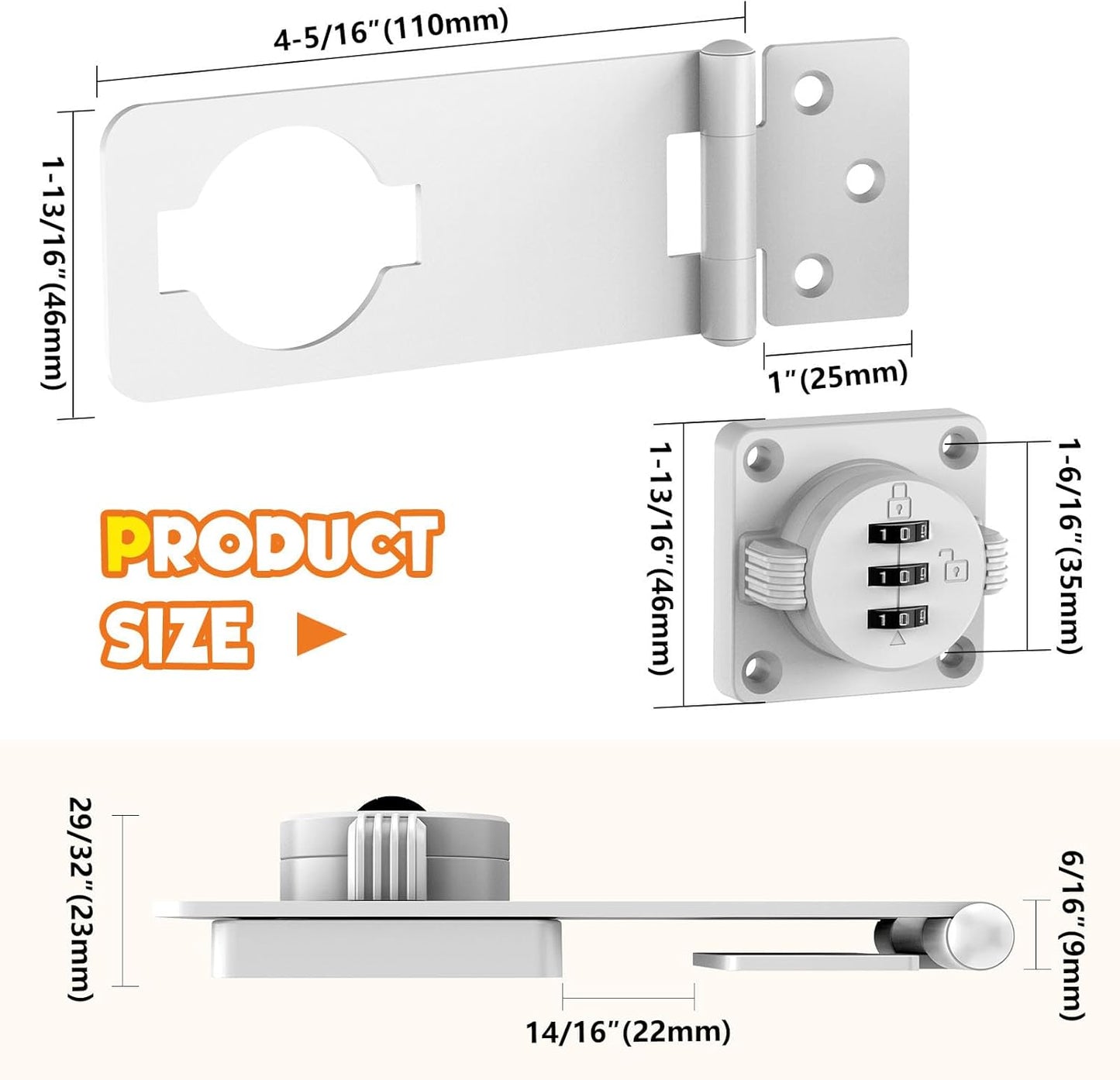 3-Digit Combination Cabinet Lock, 4.5" Keyless Safety Drawer Lock for Lockers, Small Doors, Closets, Storage, Office (1, White)