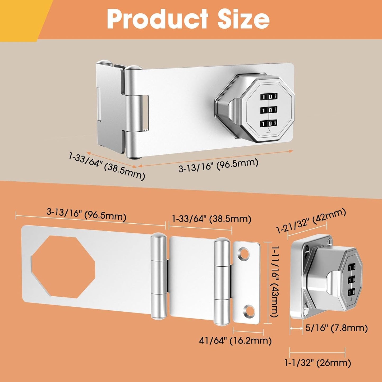 90 Degree Cabinet Locks with Combination, Mechanical Folding Door Latch, Keyless Password Rotary Hasp Latch Lock for Office File Cabinet, Drawers, Locker, Small Door, Cupboard (2, Silver)