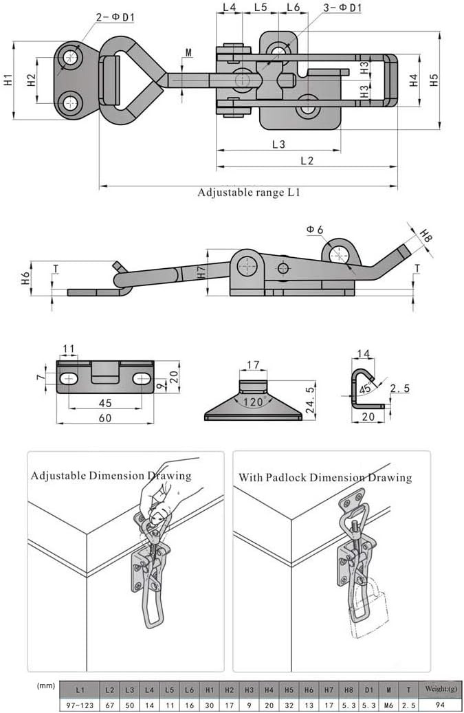 Adjustable Buckle Cabinet Boxes Lever Handle Toggle Catch Latch Lock with Screws,2 Pcs (SK-2S,Range:97-123mm)