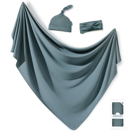 GRSSDER Newborn Swaddle Blanket, Ultra Soft Jersey Receiving Blanket with Matching Headband and Beanie Set, 47×47" Extra Large Nursery Swaddle Wrap for Girls and Boys