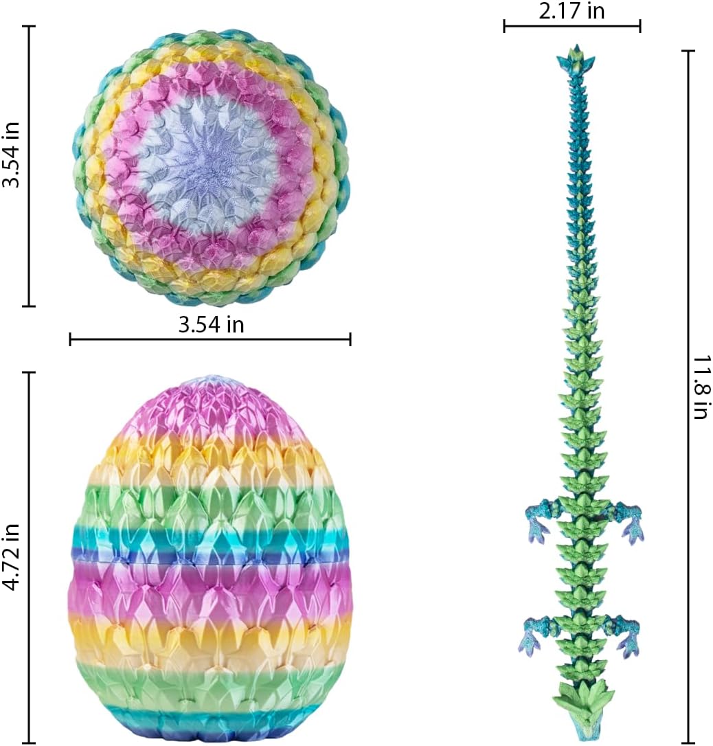 3D Prited Dragon,3D Printed Dragon in Egg, Home Office Decor Executive Desk Toys， Fidget Toys for Adults and Kids (Rainbow)