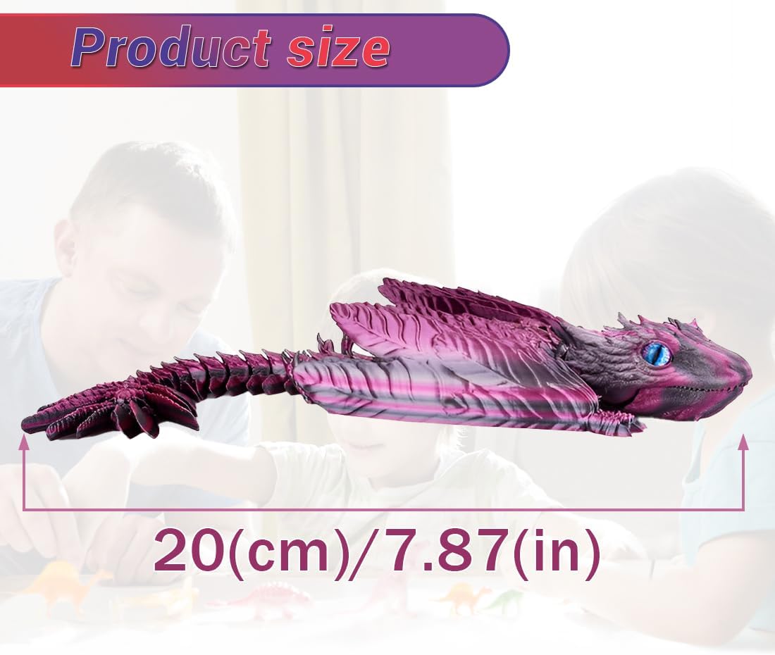 3D Printed Dragon with Wings 3D Printed Animals Articulated Dragon Fidget Dragon 3D Printed Toys Dragon Toy Desk Pets Home Office Decor (Purple)