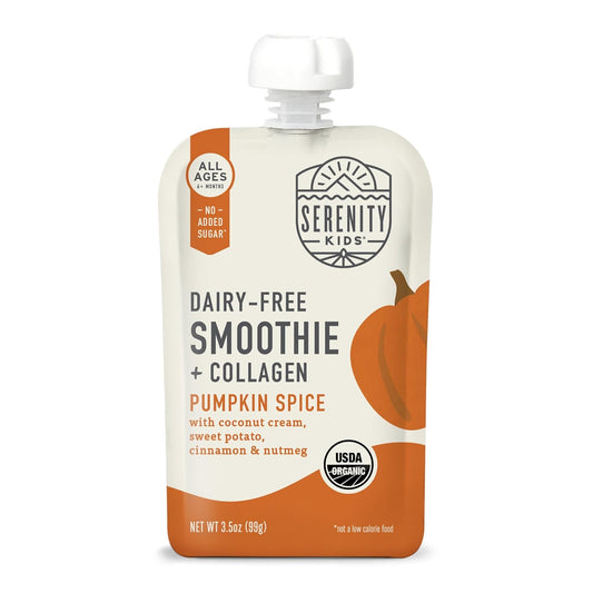 Serenity Kids 6+ Months Dairy-Free Smoothie Baby Food - USDA Organic Grass-Fed Collagen & Pumpkin Protein - 3.5 Oz BPA-Free Cans - Pumpkin Smoothie Baby Food - 6 Count