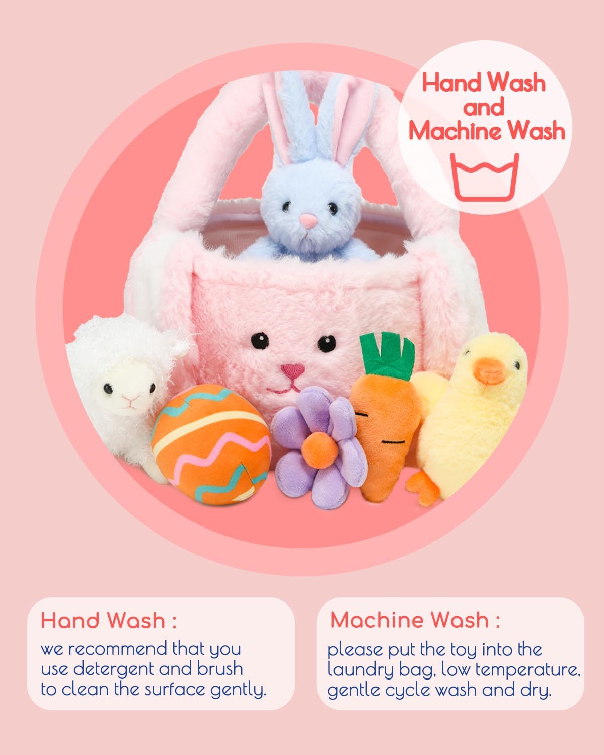 7 Piece Plush Stuffed Animals Playset Toys with Rabbit, Chick, Lamb, Carrot, Egg, Flower, Furry Bag, Soft Basket Set Toys for Girls Kids Ages 3+, Birthday Christmas Valentines Easter Party Favors