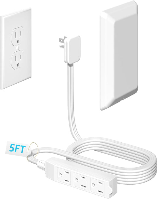 5FT Flat Extension Cord Ultra Thin Outlet Concealer with Cord Concealer Kit,Flat Outlet Extender with 3 Outlet Power Strip,Universal Size Flat Plug Power Strip for Home,ETL Listed,White