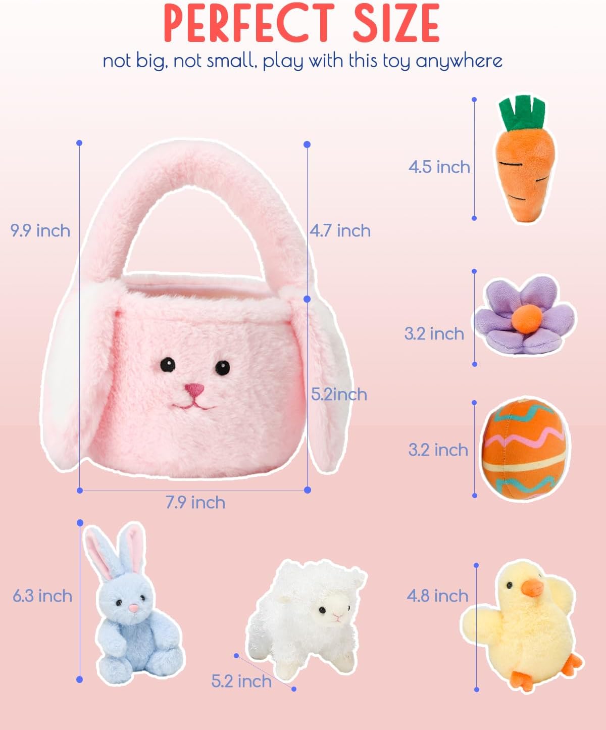 7 Piece Plush Stuffed Animals Playset Toys with Rabbit, Chick, Lamb, Carrot, Egg, Flower, Furry Bag, Soft Basket Set Toys for Girls Kids Ages 3+, Birthday Christmas Valentines Easter Party Favors