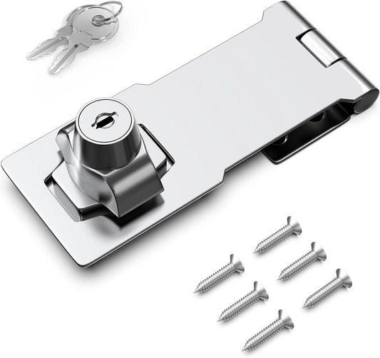 4 Inch Keyed Hasp Lock for Cabinets & Small Doors, Twist Knob Design, Heavy Duty Zinc Alloy with Chrome-Plated Iron, Includes Keys & Screws, Silver