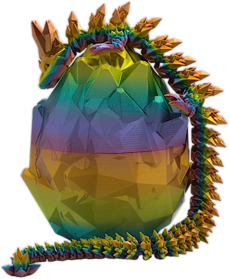 3D Printed 14'' Articulated Crystal Dragon with Egg, Toy Home Office Decor, Executive Desk Toy, Adult Fidget Toy, Toddler Play Game (Rainbow, Medium 14'' w/ Egg)