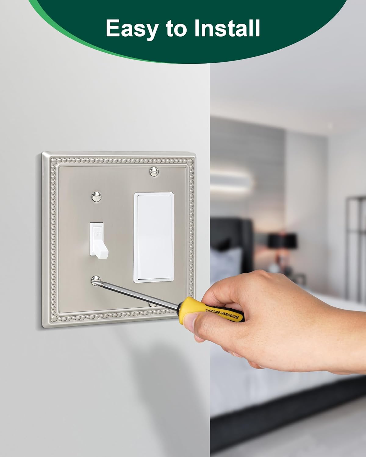 2-Pack Combo Toggle/Decorator Light Switch Cover Plate, Pearls Decorative Metal Wall Switch Plates and Outlet Covers, Brushed Nickel