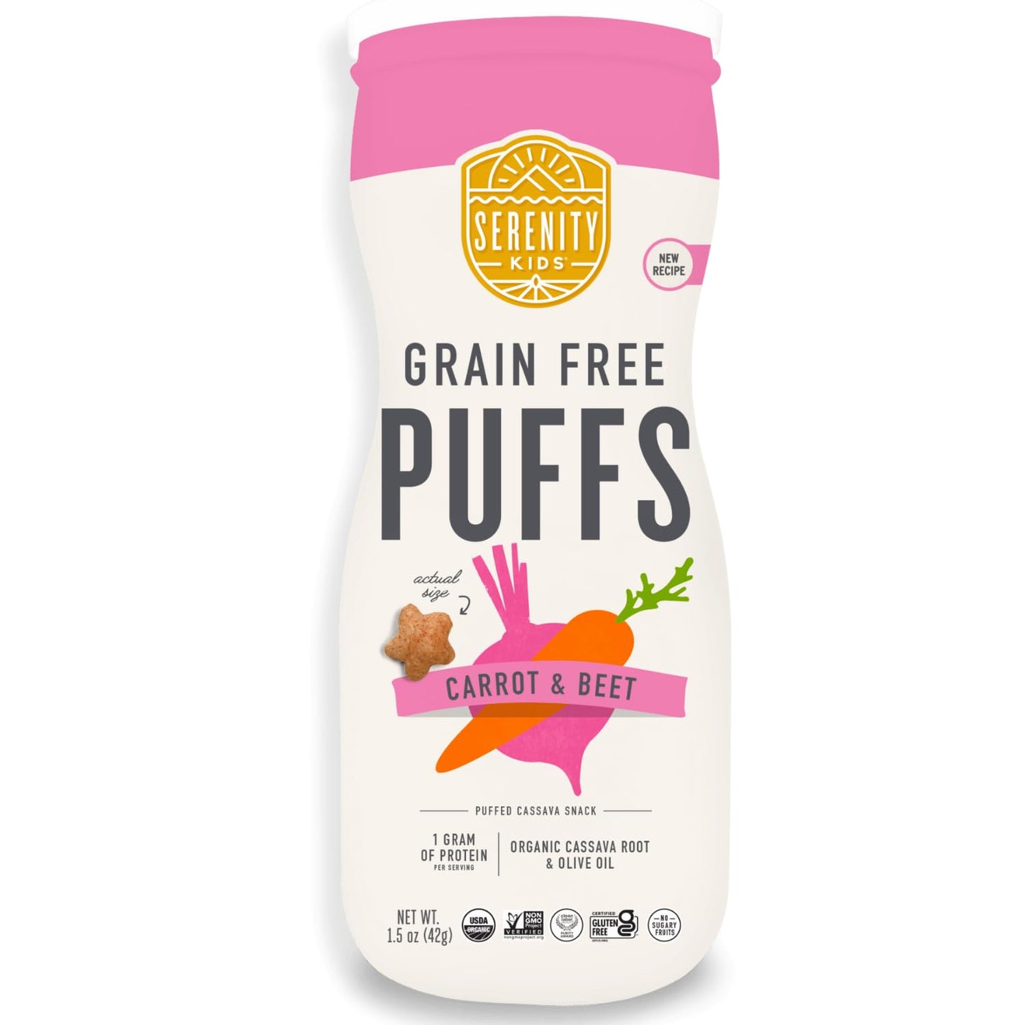 Serenity Kids 6+ Month Grain-Free Baby Veggie Puffs - No Added Sugar - Gluten-, Rice-, Dairy- & Soy-Free - Organic Cassava, Carrot & Beet - Portable Toddler Snacks - 1.5 Oz, 6 Pack