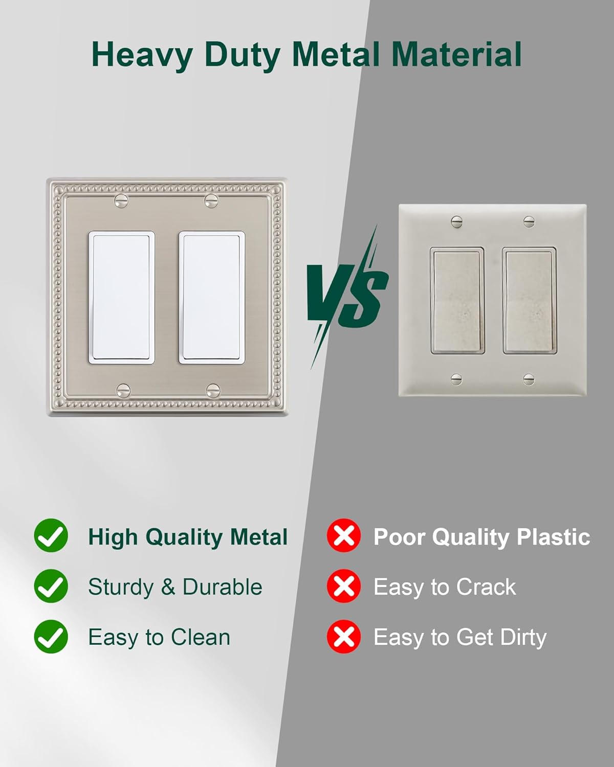 2-Pack Double Decorator Outlet Cover Plate, Pearls Decorative Switch Plates and Outlet Covers, 2 Gang Brushed Nickel Metal Wall Plates, Corrosion Resistant