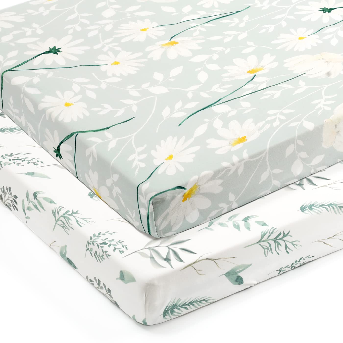GRSSDER Stretchy Ultra Soft Jersey Knit Fitted Pack n Play Sheets Set 2 Pack, Universal Fitted Portable Pack and Play/Mini Cribs Sheets for Girls, Stylish Watercolor Daisy Flower