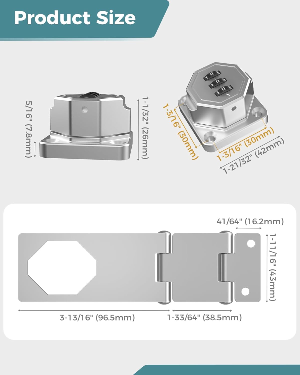 90 Degree Cabinet Combination Door Lock Latch, Zinc Alloy Password Rotary Hasp Lock, Keyless Folding Latches for Office File Cabinet, Drawers, Cupboard, Small Doors, Locker (1, Silver)