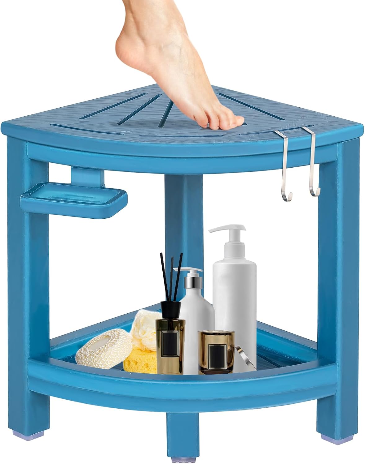 2-Tier Corner Shower Stool with Hooks & Soap Dish, HDPE Shower Bench for Shaving Legs, Wood-Like Shower Stool for Inside Shower with Non-Slip Foot Pads, Waterproof Shower Foot Rest (Blue)