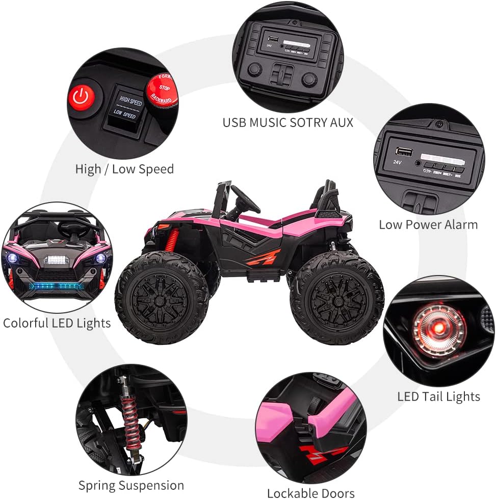 2 Seaters 24V Ride on UTV with Remote Control,10AH Battery, 400W Powerful Motors with 17" EVA Wheels, 20.5“ Seat Width Electric Ride Toy with Metal Suspension,LED Lights,Music,Horn (Rose)