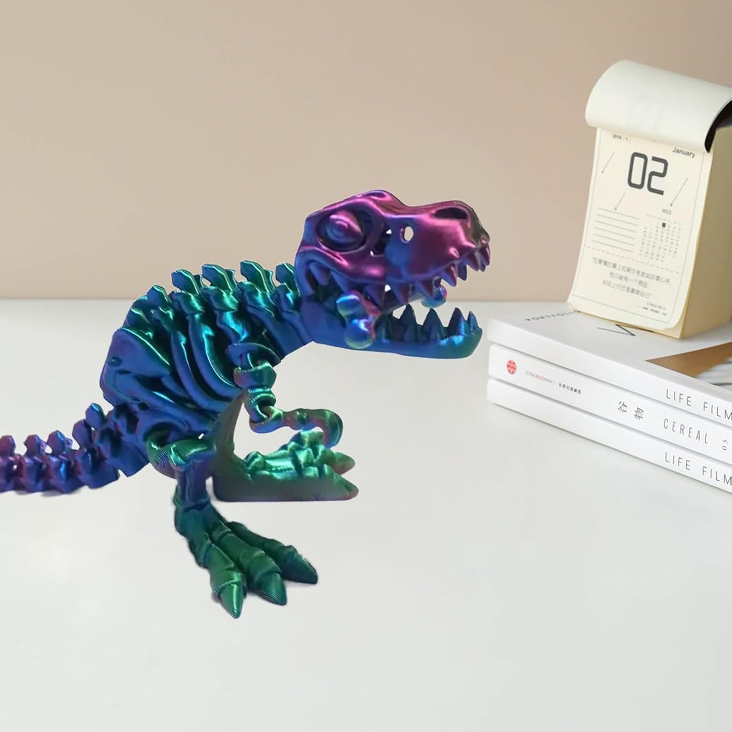 3D Printed Dinosaur Bone Skeleton Tyrannosaurus Rex with Movable Jaw Fidget Dinosaur Toys Full Articulated Dinosaur Executive Desk Toys Home Office Decor, Purple Mix Green