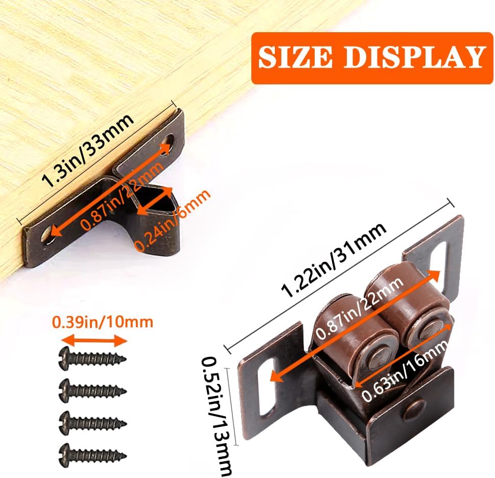2 Pack Cabinet Latch Double Roller Catch for Cupboard Closet Cabinet Door Latches and Catches, Bronze