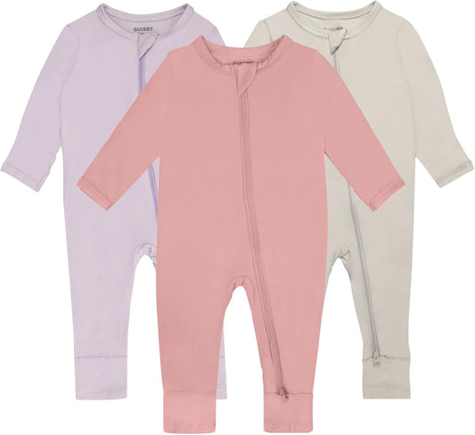 GUISBY Baby Pajamas with Mitten Cuffs - 3Pcs Girls Boys 2 Way Zipper Long Sleeve Rayon Sleepers