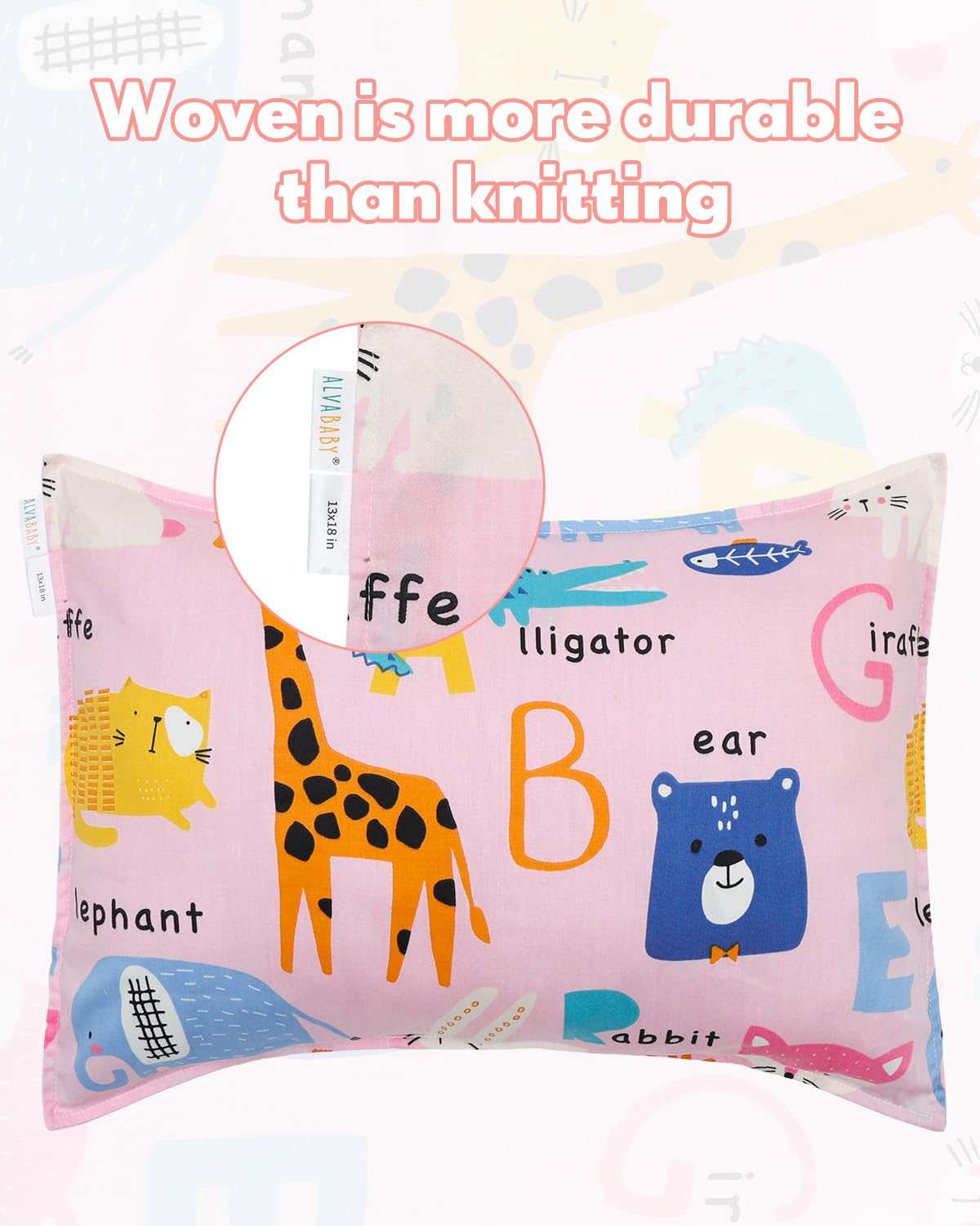 ALVABABY Toddler Pillowcases 2 Pack Organic Cotton Kids Pillow Cover Fit 13"x 18" or 12"x24" Envelope for Girl Boy Sleepy Travel Pink Animals&Dinosaur