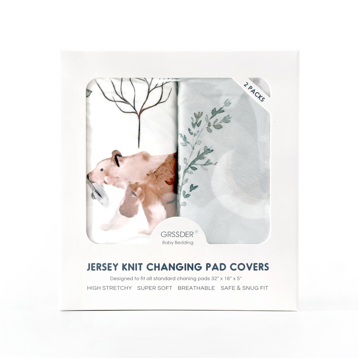 GRSSDER Stretch Ultra Soft Jersey Knit Changing Pad Cover Set 2 Pack, Change Table Pad Covers Fit 32"/34" x 16" Pads Safe and Snug, Pretty Pattern for Boys and Girls, Bear and Wolf Print