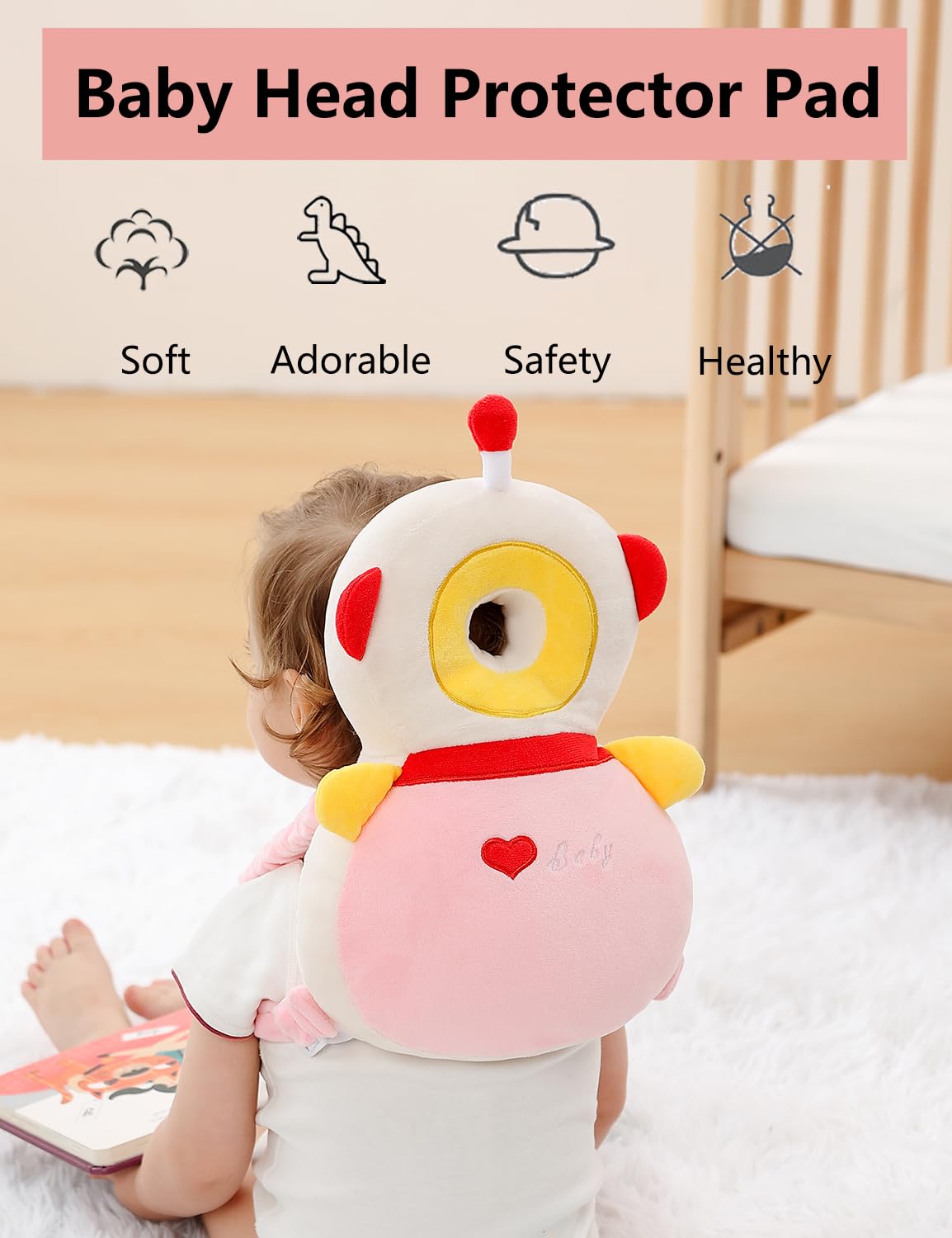 JunNeng Toddler Baby Head Protector Backpack for Toddler Walker with Knee Pads&Anti-Slip Socks, Robot Pink