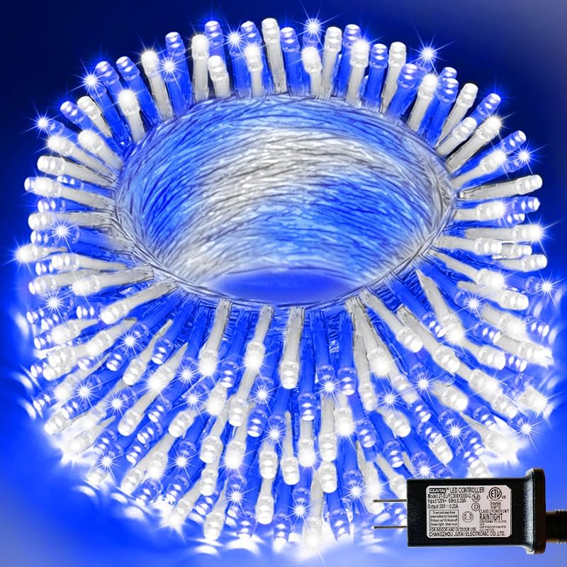 33ft Christmas Decorative Mini Lights, 100 LED Transparent Wire Fairy Starry String Lights Plug in, 16 Lighting Modes for Outdoor Xmas Tree Wedding Party Decoration (White+Blue)