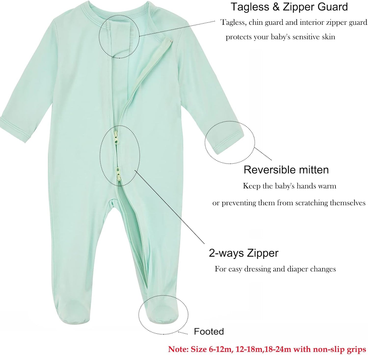 Aablexema Baby Zipper Pajamas Bamboo Rayon, 3pcs Unisex Infant Onesie with Mitten Long Sleeve Footed Pjs