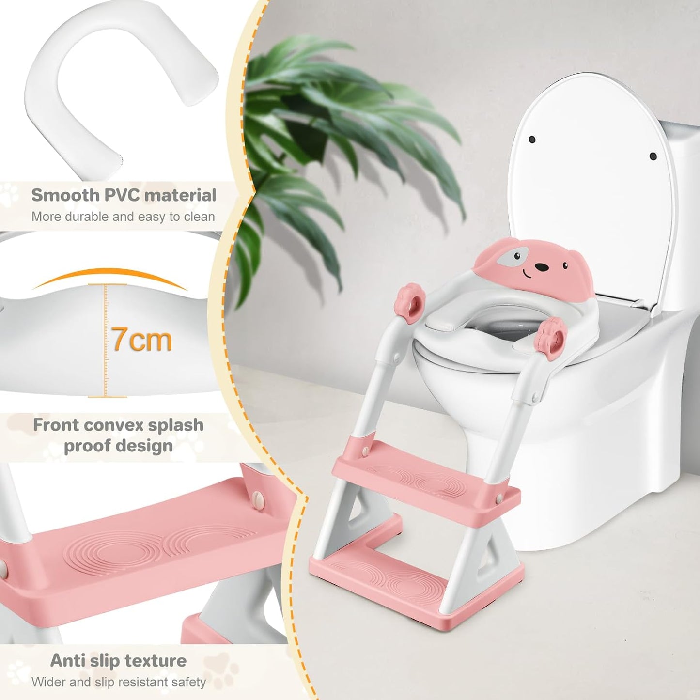 2 In 1 Potty Training Toilet Seat & Toddler Step Stool, Bottom Triangle Stability Toddler Toilet Seat, Adjustable Step & Seat Height Potty Seats (Pink)