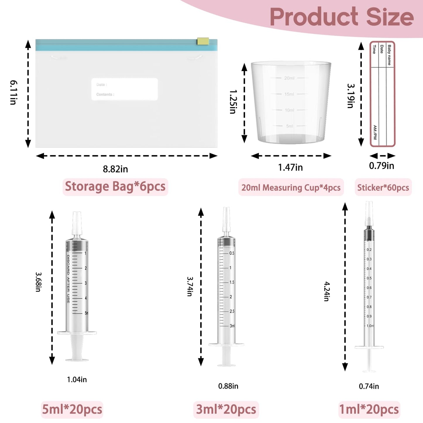 60 Sets 1/3/5Ml Colostrum Collector Kit Include 1/3/5ml*20 No Needle Sterile Syringes with Cap, 4 Measuring Cup, 6 Zip-Lock Storage Bags, 60 Labels for Breast Milk Collector