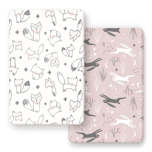 GRSSDER Stretchy Ultra Soft Jersey Knit Pack n Play Sheets Set 2 Pack, Portable/Mini Cribs Playard Sheets, Cute Foxes and Rabbits for Baby Girls and Boys