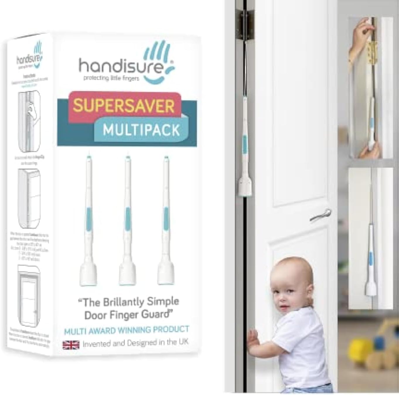 3in1 Pack Child Door Safety Door Pinch Guard. Automatic, Hinge & Lock Side Safety, Reliable, Multiple Awards & Unique, Baby Door Stopper. Easy to Install, Finger Guard for Door