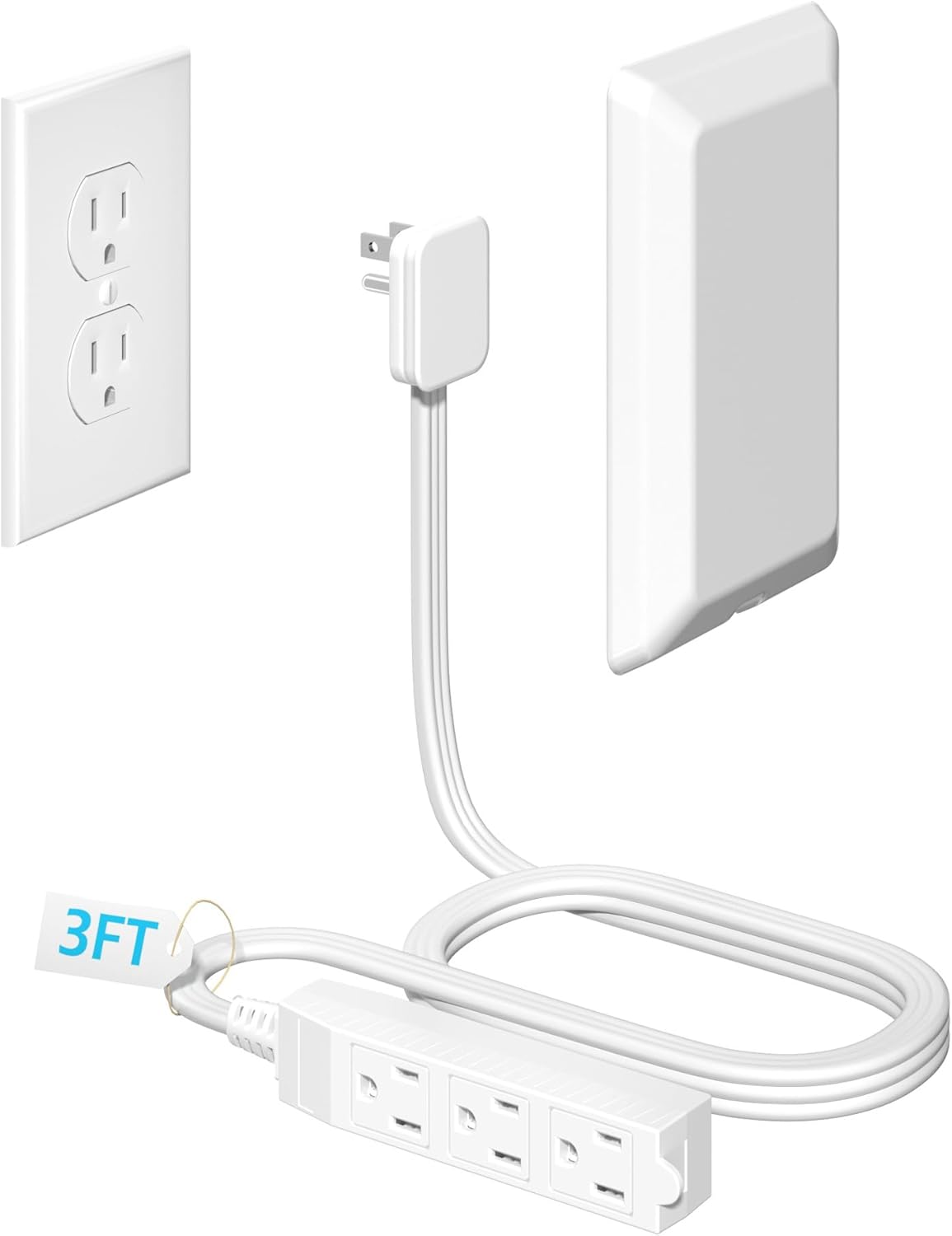 3FT Flat Plug Extension Cord with Outlet Covers Baby Proofing,Ultra Thin Outlet Concealer with Cord Concealer Kit,3 Outlet Power Strip,13A 125V 1625W,Universal Size for Home,Kitchen,ETL Listed,White